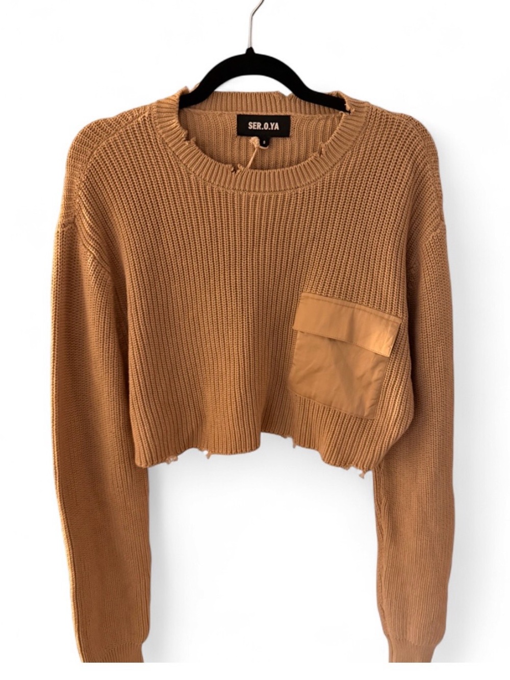 SER.O.YA Cropped Camel/Tan Knit Sweater with Utility Pocket